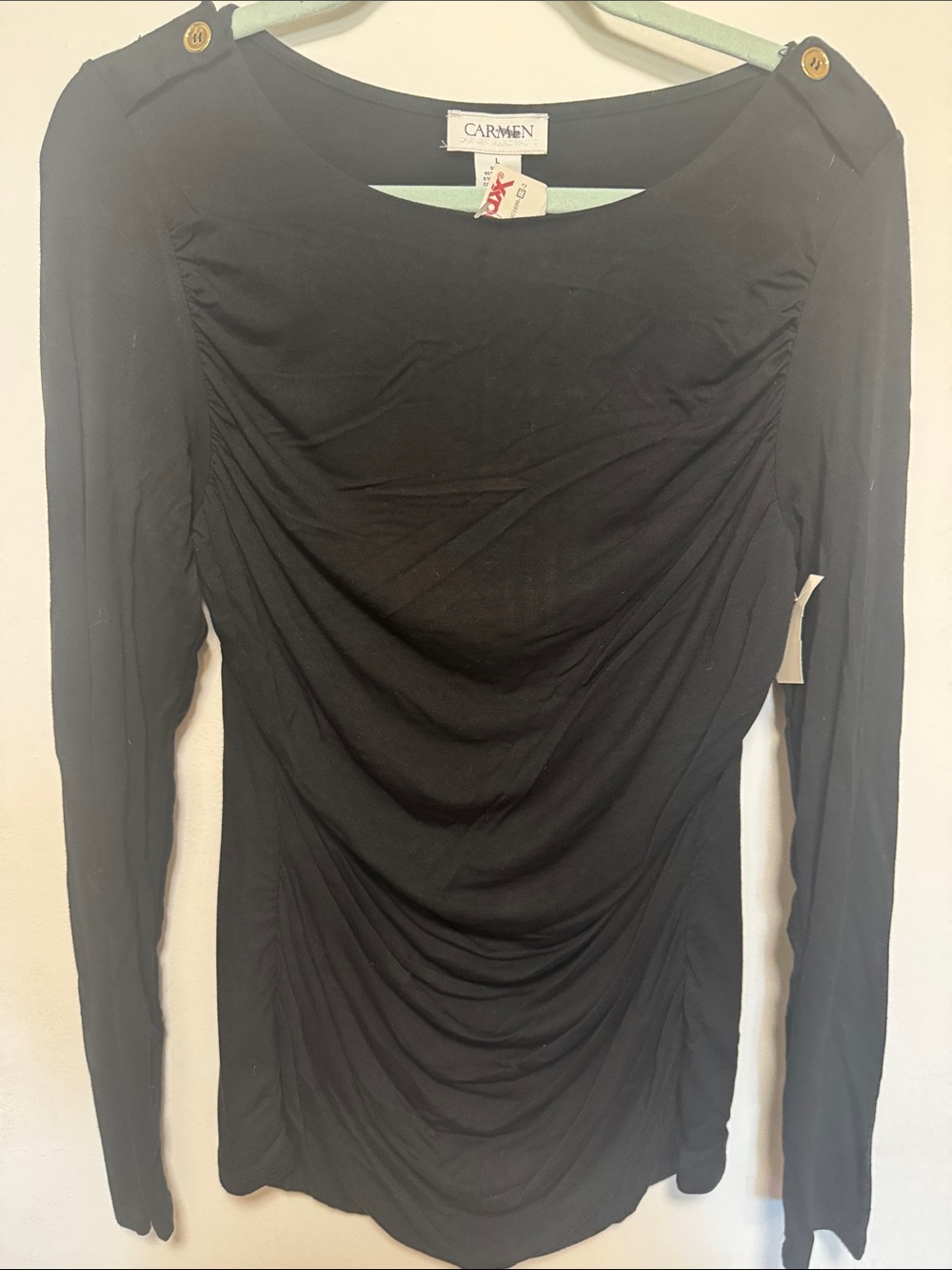 Carmen Marc Valvo Black Long-Sleeve Ruched Boatneck Top